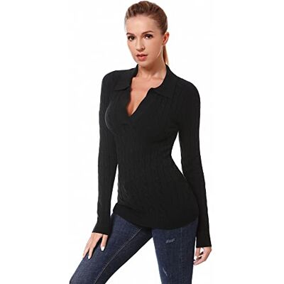 AmélieBoutik Damen Pullover mit Kragen, V-Ausschnitt, Zopfstrick, langärmelig, schwarz, Klein AmélieBoutik Damen Pullover mit Kragen, V-Ausschnitt, Zopfstrick, langärmelig, schwarz, Klein