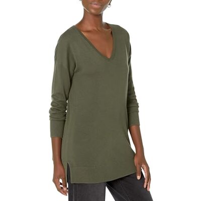 Amazon Damen Leichter Tunika-Pullover Mit Langen Ärmeln Und V-Ausschnitt (Erhältlich In Übergröße), Dunkles Olivgrün, XXL Amazon Damen Leichter Tunika-Pullover Mit Langen Ärmeln Und V-Ausschnitt (Erhältlich In Übergröße), Dunkles Olivgrün, XXL