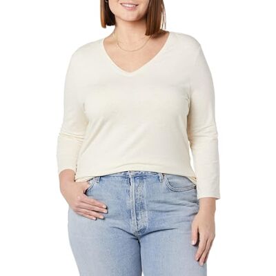 Amazon Damen-T-Shirt, Klassische Passform, 3/4-Ärmel, V-Ausschnitt, erhältlich in Übergröße, Oatmeal Heather, Größe M Amazon Damen-T-Shirt, Klassische Passform, 3/4-Ärmel, V-Ausschnitt, erhältlich in Übergröße, Oatmeal Heather, Größe M