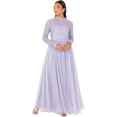Maya Deluxe Women's Maxi Dress Ladies Modest High Neck Long Sleeve Tulle Sequin Embellished A-line Wedding Guest Bridesmaid Prom, Distel-Lila 50 Maya Deluxe Women's Maxi Dress Ladies Modest High Neck Long Sleeve Tulle Sequin Embellished A-line Wedding Guest Bridesmaid Prom, Distel-Lila 50
