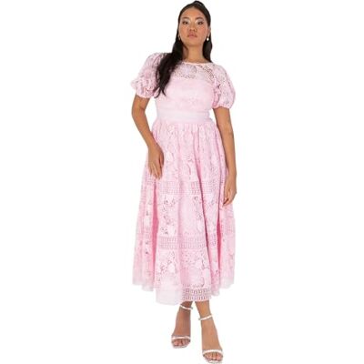 Maya Deluxe Women's Midaxi Dress Ladies Floral Lace Round Neck Short Puff Sleeves Lace-up Back A-line Wedding Guest Prom Occasion Pink 36 Maya Deluxe Women's Midaxi Dress Ladies Floral Lace Round Neck Short Puff Sleeves Lace-up Back A-line Wedding Guest Prom Occasion Pink 36