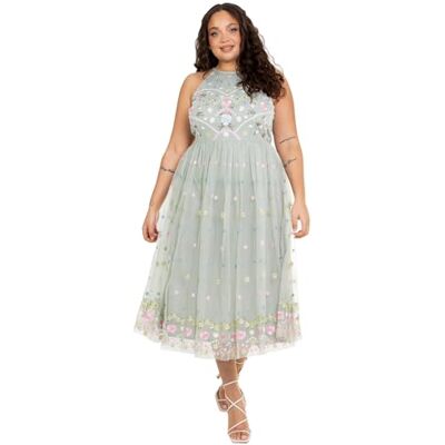 Maya Deluxe Damen Women's Midaxi Ladies Sleeveless Halterneck Floral Embroidered Tulle A-line Bridesmaid Wedding Guest Outfit Dress, Sage Green, 54 EU Maya Deluxe Damen Women's Midaxi Ladies Sleeveless Halterneck Floral Embroidered Tulle A-line Bridesmaid Wedding Guest Outfit Dress, Sage Green, 54 EU