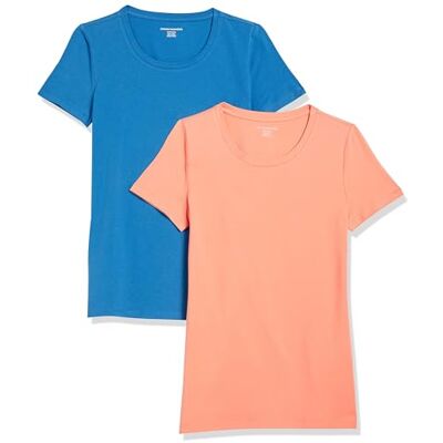 Amazon Damen T-Shirt mit kurzen Ärmeln und Rundhalsausschnitt in normaler Passform, 2er-Pack, Blau/Korallenorange, XS Amazon Damen T-Shirt mit kurzen Ärmeln und Rundhalsausschnitt in normaler Passform, 2er-Pack, Blau/Korallenorange, XS