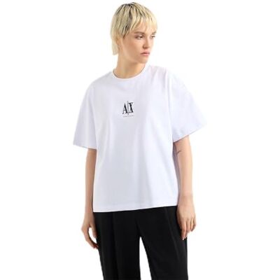 Armani Exchange Damen-T-Shirt aus schwerem Baumwoll-Jersey, Icon Logo, Weiss/opulenter Garten, Mittel Armani Exchange Damen-T-Shirt aus schwerem Baumwoll-Jersey, Icon Logo, Weiss/opulenter Garten, Mittel
