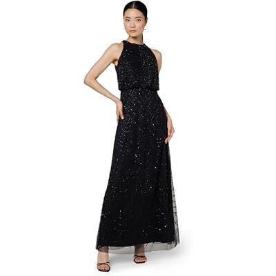 Adrianna Papell Damen Neckholder Art Deco Perlen Blousonkleid, Schwarz/Schwarz, 46 Adrianna Papell Damen Neckholder Art Deco Perlen Blousonkleid, Schwarz/Schwarz, 46