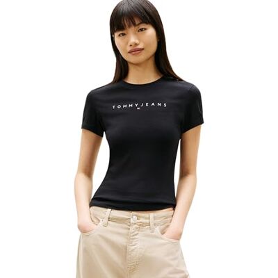 Tommy Jeans Damen T-Shirt Kurzarm Linear Slim Fit, Schwarz (Black 1), 1XL Tommy Jeans Damen T-Shirt Kurzarm Linear Slim Fit, Schwarz (Black 1), 1XL