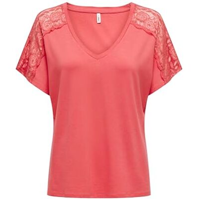 ONLY Damen ONLMOSTER S/S V-Neck LACE TOP JRS T-Shirt, Rose of Sharon, Large ONLY Damen ONLMOSTER S/S V-Neck LACE TOP JRS T-Shirt, Rose of Sharon, Large