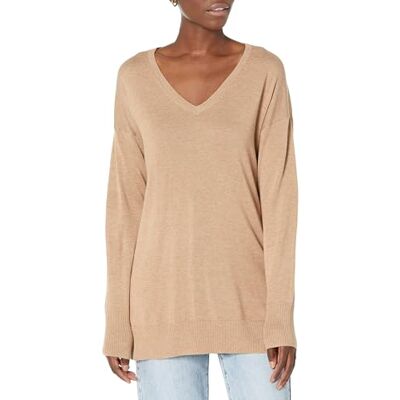 Amazon Damen Leichter Tunika-Pullover Mit Langen Ärmeln Und V-Ausschnitt (Erhältlich In Übergröße), Kamelbraun Meliert, M Amazon Damen Leichter Tunika-Pullover Mit Langen Ärmeln Und V-Ausschnitt (Erhältlich In Übergröße), Kamelbraun Meliert, M