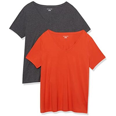 Amazon Damen Plus Size V-Ausschnitt T-Shirt mit Kurzen Ärmeln, Klassische Passform, 2er-Pack, Dunkelgrau Meliert/Tomatenrot, 5XL Große Größen Amazon Damen Plus Size V-Ausschnitt T-Shirt mit Kurzen Ärmeln, Klassische Passform, 2er-Pack, Dunkelgrau Meliert/Tomatenrot, 5XL Große Größen