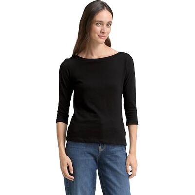 TOM TAILOR Damen Basic T-Shirt mit 3/4-Arm, 14482 Deep Black, XS TOM TAILOR Damen Basic T-Shirt mit 3/4-Arm, 14482 Deep Black, XS