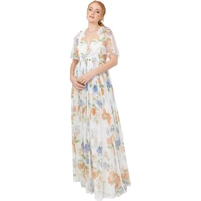 Anaya with Love Women's Maxi Dress Ladies Short Flutter Sleeve V-Neck Twist Front Empire A-line Tulle Bridesmaid Wedding Guest Prom, Elfenbeinfarbenes Blumenmuster 54 Anaya with Love Women's Maxi Dress Ladies Short Flutter Sleeve V-Neck Twist Front Empire A-line Tulle Bridesmaid Wedding Guest Prom, Elfenbeinfarbenes Blumenmuster 54
