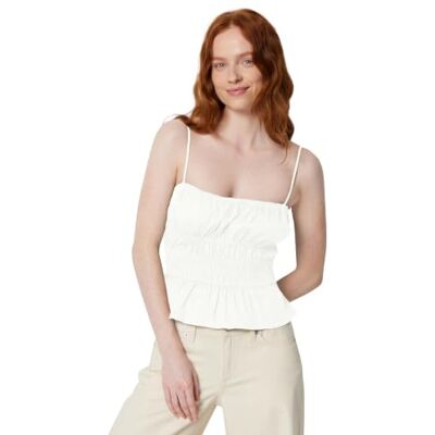 Amazon Damen Gesmoktes Tanktop aus Baumwoll-Stretch-Popeline, Grellweiß, XXL Amazon Damen Gesmoktes Tanktop aus Baumwoll-Stretch-Popeline, Grellweiß, XXL