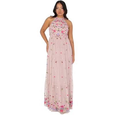 Maya Deluxe Women's Ladies Maxi Dress Sleeveless Halterneck Tiered Floral Embroidered A-line for Wedding Guest Evening Ball Gown Frostrosa 44 Maya Deluxe Women's Ladies Maxi Dress Sleeveless Halterneck Tiered Floral Embroidered A-line for Wedding Guest Evening Ball Gown Frostrosa 44