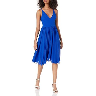 Dress the Population Alicia Damenkleid in Midilänge, ärmellos, eng anliegend, ausgestellter Rock, tiefer Ausschnitt, strukturierter Kontrast, Blau (Electric Blue), X-Klein Dress the Population Alicia Damenkleid in Midilänge, ärmellos, eng anliegend, ausgestellter Rock, tiefer Ausschnitt, strukturierter Kontrast, Blau (Electric Blue), X-Klein