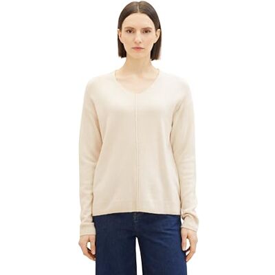 TOM TAILOR Damen Basic Pullover mit V-Ausschnitt, soft beige melange, XXL TOM TAILOR Damen Basic Pullover mit V-Ausschnitt, soft beige melange, XXL