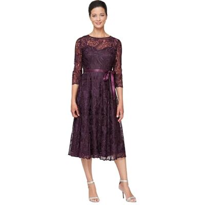 Alex Evenings Damen Cocktailkleid mit Illusionsärmeln Bestickt, Tee-länge, Hochzeitsgäste Kleid für besondere Anlässe, auberginefarben, 40 Alex Evenings Damen Cocktailkleid mit Illusionsärmeln Bestickt, Tee-länge, Hochzeitsgäste Kleid für besondere Anlässe, auberginefarben, 40