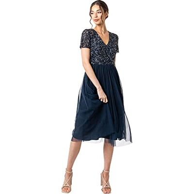Maya Deluxe Damen Midi-kleid Mit V-ausschnitt, Verziert Brautjungfernkleid, Navy, 48 EU Maya Deluxe Damen Midi-kleid Mit V-ausschnitt, Verziert Brautjungfernkleid, Navy, 48 EU