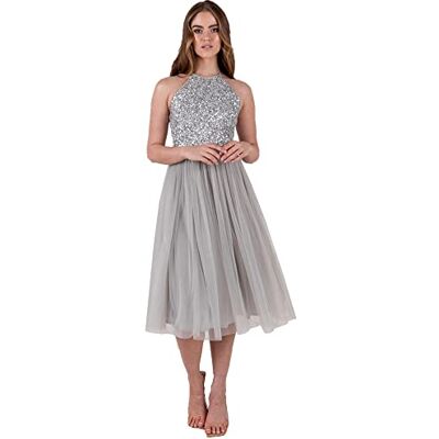 Maya Deluxe Damen Neckholder-Midikleid mit Verzierungen Brautjungfernkleid Grau Größe 50 Maya Deluxe Damen Neckholder-Midikleid mit Verzierungen Brautjungfernkleid Grau Größe 50