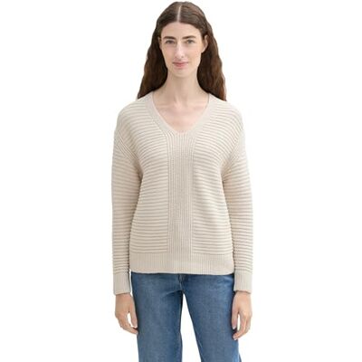 TOM TAILOR Damen Pullover mit V-Ausschnitt,12365 Dusty Beige, XL TOM TAILOR Damen Pullover mit V-Ausschnitt,12365 Dusty Beige, XL