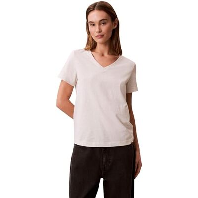Calvin Damen T-Shirt Kurzarm Archive Jersey Tee mit V-Ausschnitt, Elfenbein (Ba01 Grey Heather), M Calvin Damen T-Shirt Kurzarm Archive Jersey Tee mit V-Ausschnitt, Elfenbein (Ba01 Grey Heather), M