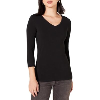 Amazon Damen-T-Shirt, klassische Passform, 3/4-Ärmel, V-Ausschnitt, erhältlich in Übergröße, Schwarz, Größe M Amazon Damen-T-Shirt, klassische Passform, 3/4-Ärmel, V-Ausschnitt, erhältlich in Übergröße, Schwarz, Größe M