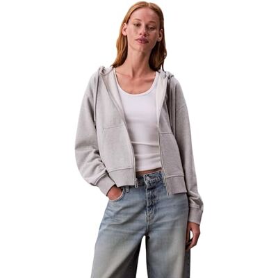 Calvin Damen Hoodie mit Reißverschluss Archive Logo French Terry mit Kapuze, Grau (History Grey Heather), S Calvin Damen Hoodie mit Reißverschluss Archive Logo French Terry mit Kapuze, Grau (History Grey Heather), S