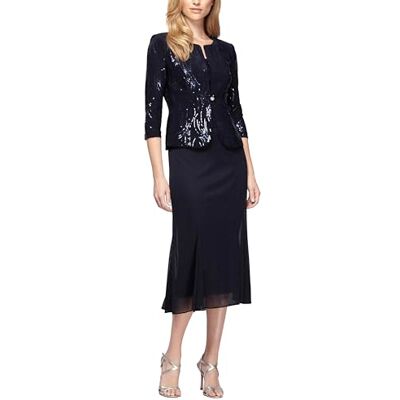 Alex Damen Tea Length Jacket Dress, Perfect for Weddings, Formal Events (Petite and Regular Sizes) Kleid für besondere Anlässe, Marineblaue Pailletten, 38 Zierlich (2er Pack) Alex Damen Tea Length Jacket Dress, Perfect for Weddings, Formal Events (Petite and Regular Sizes) Kleid für besondere Anlässe, Marineblaue Pailletten, 38 Zierlich (2er Pack)