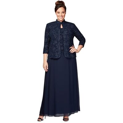 Alex Evenings Damen Jaquard Langes Mandarinen-Ausschnitt (Petite Regulular) Kleid für besondere Anlässe, Marineblau, 40 (Markengröße: 10) Alex Evenings Damen Jaquard Langes Mandarinen-Ausschnitt (Petite Regulular) Kleid für besondere Anlässe, Marineblau, 40 (Markengröße: 10)
