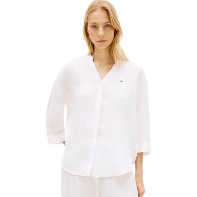 Tommy Hilfiger Damen Hemd Linen Collarless Halbarm, Weiß (Th Optic White), S Tommy Hilfiger Damen Hemd Linen Collarless Halbarm, Weiß (Th Optic White), S