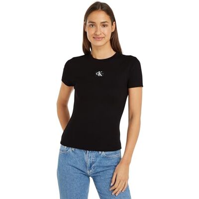 Calvin Damen T-Shirt Kurzarm Woven Label Rib Rundhalsausschnitt, Schwarz (Ck Black), XXS Calvin Damen T-Shirt Kurzarm Woven Label Rib Rundhalsausschnitt, Schwarz (Ck Black), XXS