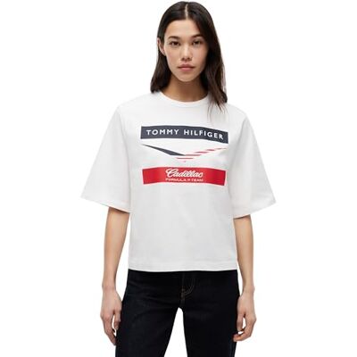 Tommy Hilfiger Damen T-Shirt Kurzarm TH X Cadillac F1 Chevron Boxy Fit, Weiß (White), XXS Tommy Hilfiger Damen T-Shirt Kurzarm TH X Cadillac F1 Chevron Boxy Fit, Weiß (White), XXS