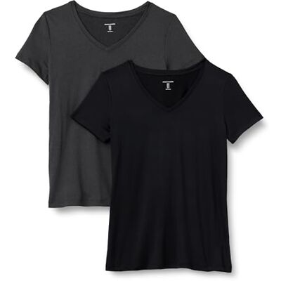 Amazon Damen Active Quick Dry Tech Stretch Kurzarm-T-Shirt mit V-Ausschnitt (in Übergröße erhältlich), 2er-Pack, Graphit Heide/Schwarz, M Amazon Damen Active Quick Dry Tech Stretch Kurzarm-T-Shirt mit V-Ausschnitt (in Übergröße erhältlich), 2er-Pack, Graphit Heide/Schwarz, M