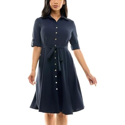 Sharagano Damen Plissiertes Hemd mit Knopfleiste Vorne Lässiges Kleid, tiefes Marineblau, 42 Sharagano Damen Plissiertes Hemd mit Knopfleiste Vorne Lässiges Kleid, tiefes Marineblau, 42