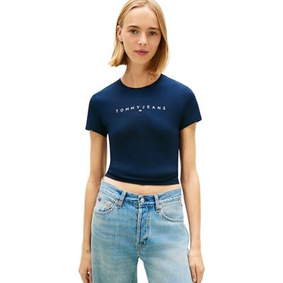 Tommy Jeans Damen T-Shirt Kurzarm Linear Slim Fit, Blau (Dark Night Navy 1), 1XL Tommy Jeans Damen T-Shirt Kurzarm Linear Slim Fit, Blau (Dark Night Navy 1), 1XL