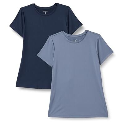Amazon Damen Schnelltrocknendes Kurzärmliges Sport-T-Shirt aus Tech Stretch mit Rundhalsausschnitt, 2er-Pack, Marineblau/Schiefergrau, M Amazon Damen Schnelltrocknendes Kurzärmliges Sport-T-Shirt aus Tech Stretch mit Rundhalsausschnitt, 2er-Pack, Marineblau/Schiefergrau, M