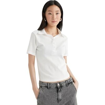 DeFacto Damen Poloshirt Kurzarm Polo T-Shirts für Damen Kleidung Shirts Off White L DeFacto Damen Poloshirt Kurzarm Polo T-Shirts für Damen Kleidung Shirts Off White L