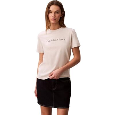 Calvin Damen T-Shirt Kurzarm Logo Classic Regular Fit, Beige (Vanilla Heather), XL Calvin Damen T-Shirt Kurzarm Logo Classic Regular Fit, Beige (Vanilla Heather), XL
