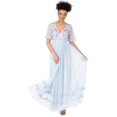 Maya Deluxe Women's Ladies Maxi Dress Short Puff Sleeve V-Neck Floral Embroidered Tulle Lace Keyhole Back Ruffle Empire A-line Prom Babyblau 36 Maya Deluxe Women's Ladies Maxi Dress Short Puff Sleeve V-Neck Floral Embroidered Tulle Lace Keyhole Back Ruffle Empire A-line Prom Babyblau 36