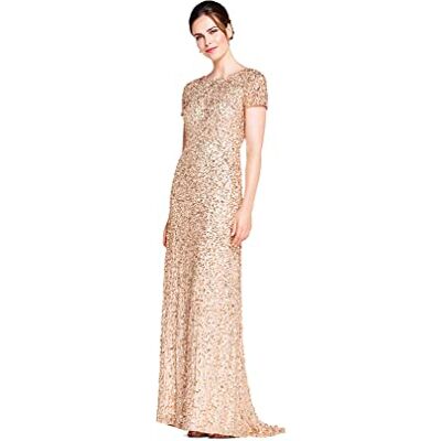 Adrianna Papell Women's Short-Sleeve All Over Sequin Gown, Champagne/Gold, 12 Adrianna Papell Women's Short-Sleeve All Over Sequin Gown, Champagne/Gold, 12