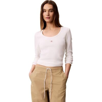 Calvin Damen Langarmshirt Woven Label 2X2 Baby Gerippt, Weiß (Bright White), S Calvin Damen Langarmshirt Woven Label 2X2 Baby Gerippt, Weiß (Bright White), S