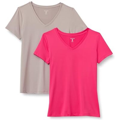 Amazon Damen Active Quick Dry Tech Stretch Kurzarm-T-Shirt mit V-Ausschnitt (in Übergröße erhältlich), 2er-Pack, Beige/Intensive Rosa, L Amazon Damen Active Quick Dry Tech Stretch Kurzarm-T-Shirt mit V-Ausschnitt (in Übergröße erhältlich), 2er-Pack, Beige/Intensive Rosa, L
