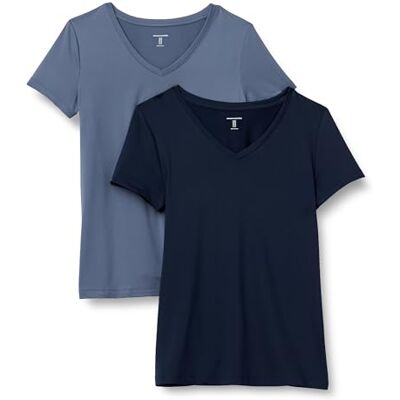 Amazon Damen Active Quick Dry Tech Stretch Kurzarm-T-Shirt mit V-Ausschnitt (in Übergröße erhältlich), 2er-Pack, Marineblau/Schiefergrau, S Amazon Damen Active Quick Dry Tech Stretch Kurzarm-T-Shirt mit V-Ausschnitt (in Übergröße erhältlich), 2er-Pack, Marineblau/Schiefergrau, S
