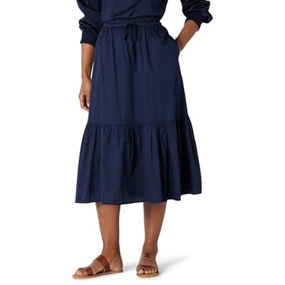 Amazon Damen Mid-Rise A-Linie Gestufter Midirock aus Baumwollsatin (Oberteil separat erhältlich), Marineblau, Größe L Amazon Damen Mid-Rise A-Linie Gestufter Midirock aus Baumwollsatin (Oberteil separat erhältlich), Marineblau, Größe L
