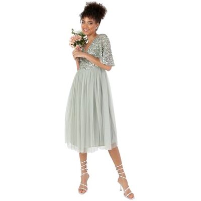 Maya Deluxe Damen Robe de Soirée Femme Pour Mariage Invitée, Col V, Robe à Pailettes Demoiselles d'Honneur à Manches Courtes Brautjungfernkleid, Green Lily, Maya Deluxe Damen Robe de Soirée Femme Pour Mariage Invitée, Col V, Robe à Pailettes Demoiselles d'Honneur à Manches Courtes Brautjungfernkleid, Green Lily,