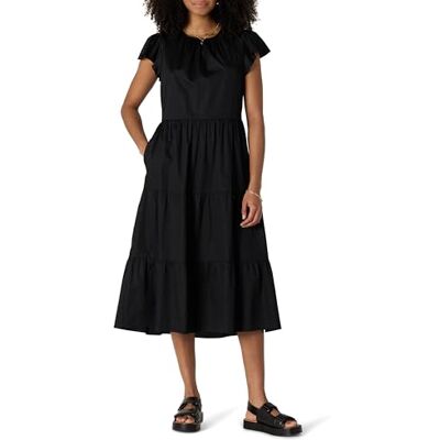 Amazon Damen Kleid aus 100% Baumwolle, Gestuftes Relaxed-Fit-Midikleid mit Rundhalsausschnitt, Schwarz, M Amazon Damen Kleid aus 100% Baumwolle, Gestuftes Relaxed-Fit-Midikleid mit Rundhalsausschnitt, Schwarz, M