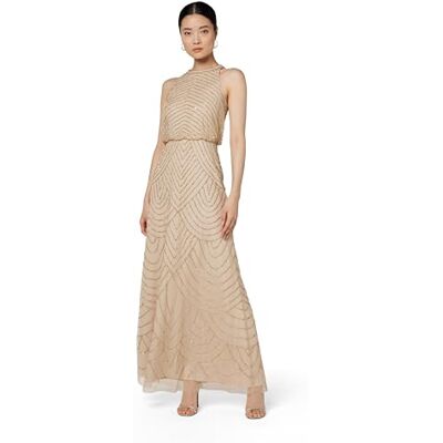 Adrianna Papell Damen Neckholder Art Deco Perlen Blousonkleid, Champagner/Gold, 36 Adrianna Papell Damen Neckholder Art Deco Perlen Blousonkleid, Champagner/Gold, 36