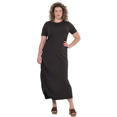 Ulla Popken Damen große Größen Übergrößen Plus Size Maxikleid, drapiert, Rundhals, Halbarm. Biobaumwolle Schwarzbraun 50+ 849467127-50+ Ulla Popken Damen große Größen Übergrößen Plus Size Maxikleid, drapiert, Rundhals, Halbarm. Biobaumwolle Schwarzbraun 50+ 849467127-50+