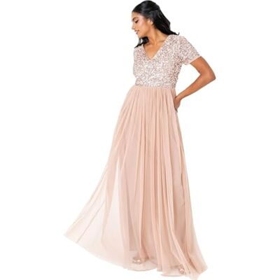 Maya Deluxe Abendkleid mit Pailletten Cocktailkleid Damen mit V-Ausschnitt Tüllkleid Erröten Größe 34 Maya Deluxe Abendkleid mit Pailletten Cocktailkleid Damen mit V-Ausschnitt Tüllkleid Erröten Größe 34