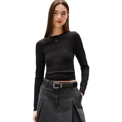 Tommy Jeans Damen Tjw Slim Essential Rib Ls Dw0dw17387 Kurzarm T-Shirt, Schwarz, M EU Tommy Jeans Damen Tjw Slim Essential Rib Ls Dw0dw17387 Kurzarm T-Shirt, Schwarz, M EU
