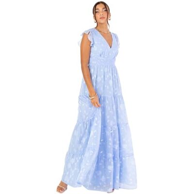 Maya Deluxe Damen Women's Maxi Ladies V-Neck Flutter Sleeve Floral Tiered Ruffle Bridesmaid Wedding Guest Prom Evening Occasion Dress, Light Blue, 36 EU Maya Deluxe Damen Women's Maxi Ladies V-Neck Flutter Sleeve Floral Tiered Ruffle Bridesmaid Wedding Guest Prom Evening Occasion Dress, Light Blue, 36 EU